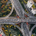 Aerial view of crossing and merging freeways, symbolizing how nonprofits can align vision and action for a successful strategic roadmap.