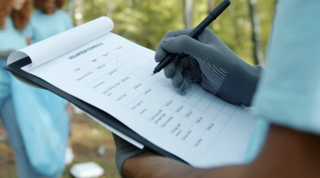 Person checking off a volunteer schedule while volunteers work in the background, illustrating tools and systems for organizing nonprofit volunteer programs.