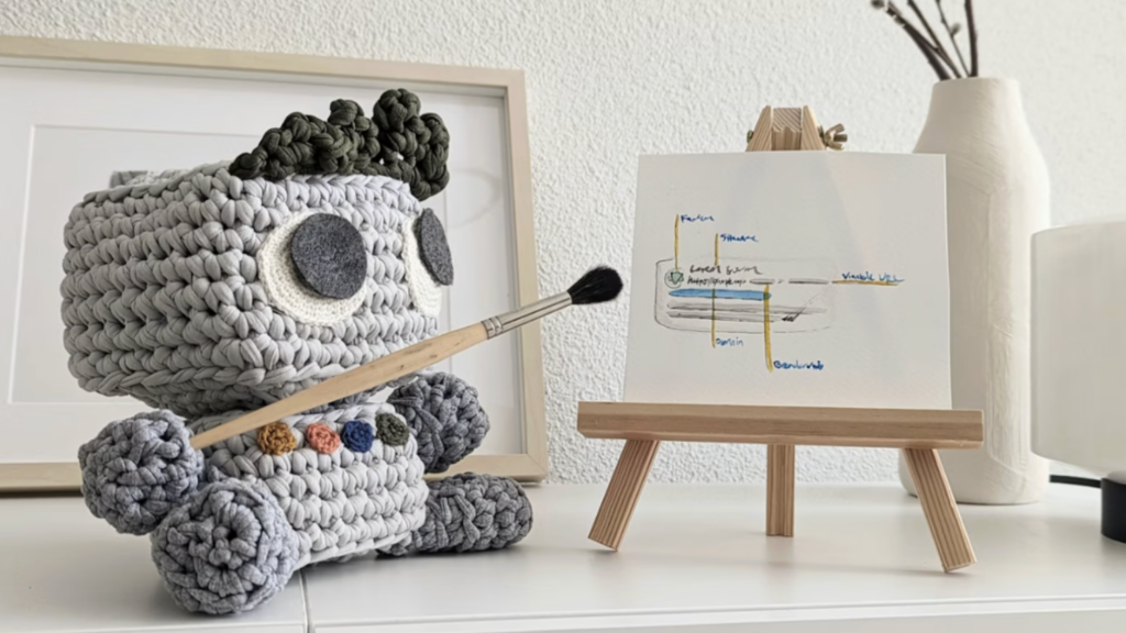 Toy stuffed robot pointing at a chart illustrating team workflow and efficiency improvement tips
