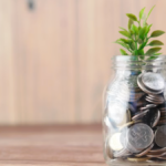 Mason jar filled with coins with a small green plant growing from it, symbolizing a healthy and sustainable funding model.