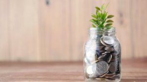 Mason jar filled with coins with a small green plant growing from it, symbolizing a healthy and sustainable funding model.