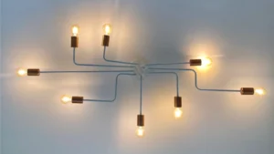 Hanging light fixture with bulbs angled outward in many different directions representing donor stewardship.